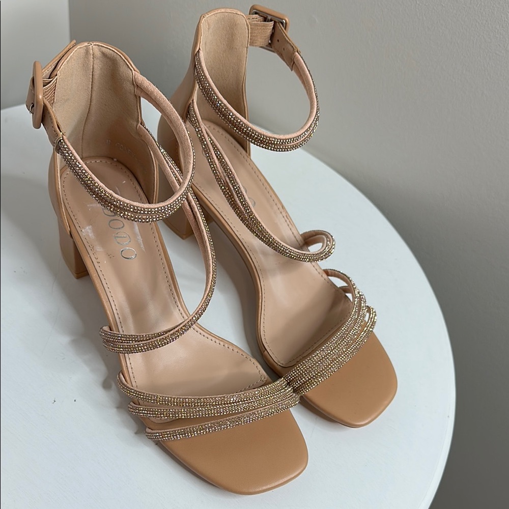 Chic Tan Strappy Heels with Rhinestone Accents